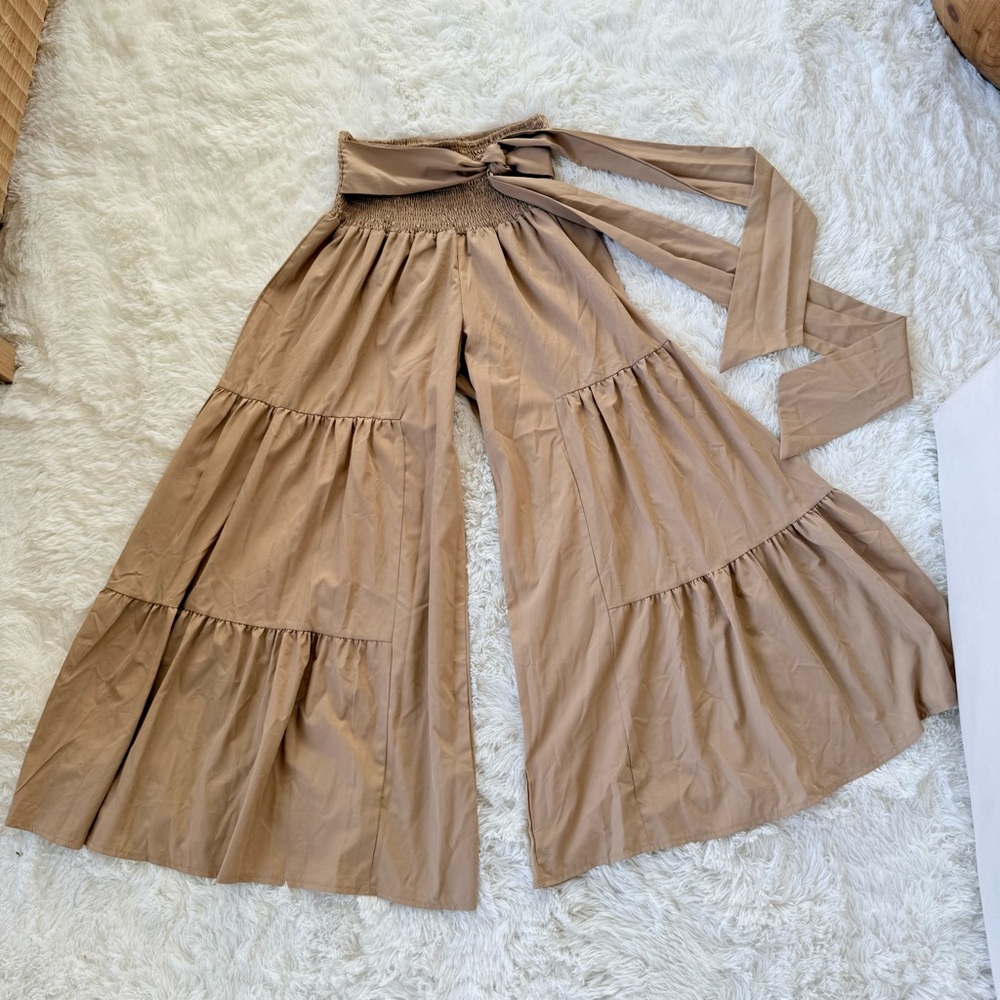 Boutique Wide Leg Ruffle Flowy Khaki Pants